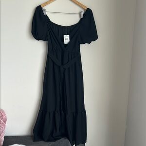 Black Ruched Off-the-Shoulder Midi Dress